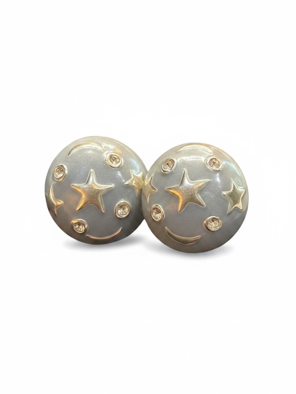 Vintage Celestial Moon Star Rhinestone Dome Earrings Silver Tone Cosmic